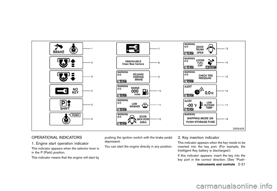 NISSAN MURANO 2013 2.G Owners Manual Black plate (105,1)
[ Edit: 2012/ 7/ 31 Model: Z51-D ]
JVI0540X
OPERATIONAL INDICATORSGUID-2BC84707-B5D6-420C-AF4E-599CBE87C0AA
1. Engine start operation indicatorGUID-D97EB6AE-486E-4B90-8447-B6FE87D4
