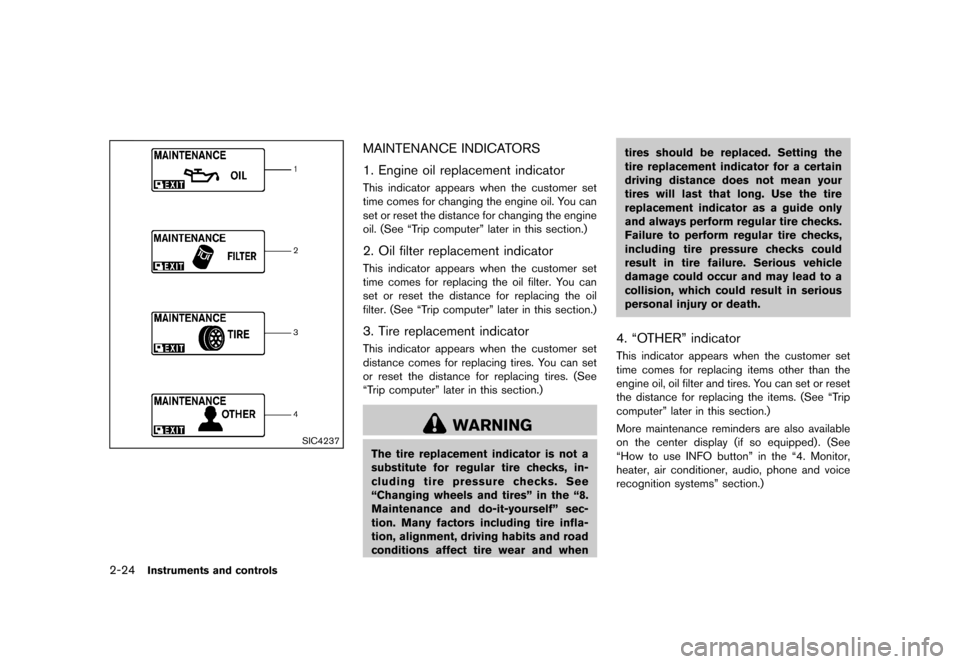 NISSAN MURANO 2013 2.G Owners Manual Black plate (108,1)
[ Edit: 2012/ 7/ 31 Model: Z51-D ]
2-24Instruments and controls
SIC4237
MAINTENANCE INDICATORSGUID-0A851647-6BB2-4E92-AEB5-E04319FCA2E4
1. Engine oil replacement indicatorGUID-9CEF