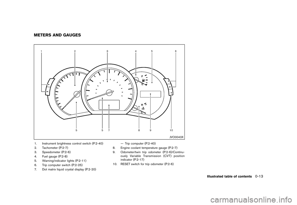 NISSAN MURANO 2013 2.G Owners Manual Black plate (19,1)
[ Edit: 2012/ 7/ 31 Model: Z51-D ]
GUID-8035B36E-5604-4EA6-AA6B-CA8C0BC1732D
JVO0043X
1. Instrument brightness control switch (P.2-40)
2. Tachometer (P.2-7)
3. Speedometer (P.2-6)
4
