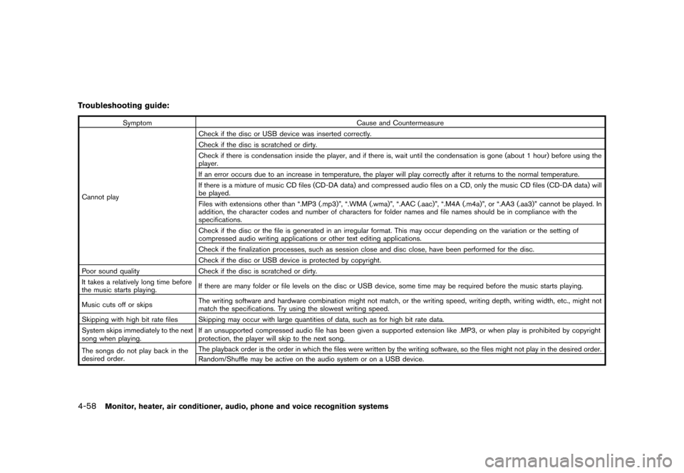 NISSAN MURANO 2013 2.G Owners Manual Black plate (264,1)
[ Edit: 2012/ 7/ 31 Model: Z51-D ]
4-58Monitor, heater, air conditioner, audio, phone and voice recognition systems
Troubleshooting guide:GUID-D73A39BF-43C8-459F-9C24-47B7F579C407
