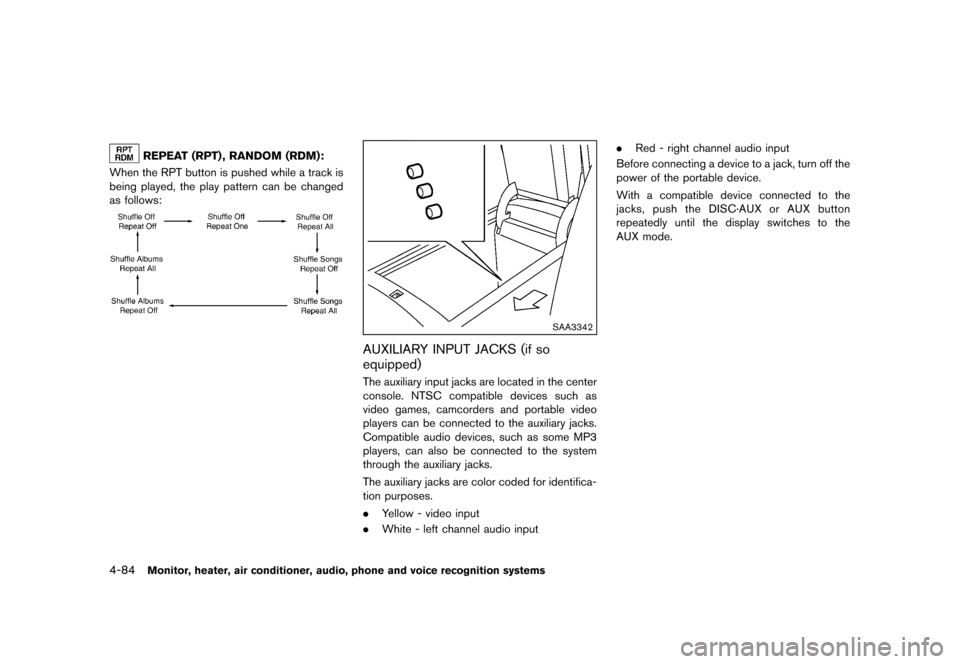 NISSAN MURANO 2013 2.G Owners Manual Black plate (290,1)
[ Edit: 2012/ 7/ 31 Model: Z51-D ]
4-84Monitor, heater, air conditioner, audio, phone and voice recognition systems
REPEAT (RPT) , RANDOM (RDM):GUID-D73A39BF-43C8-459F-9C24-47B7F57