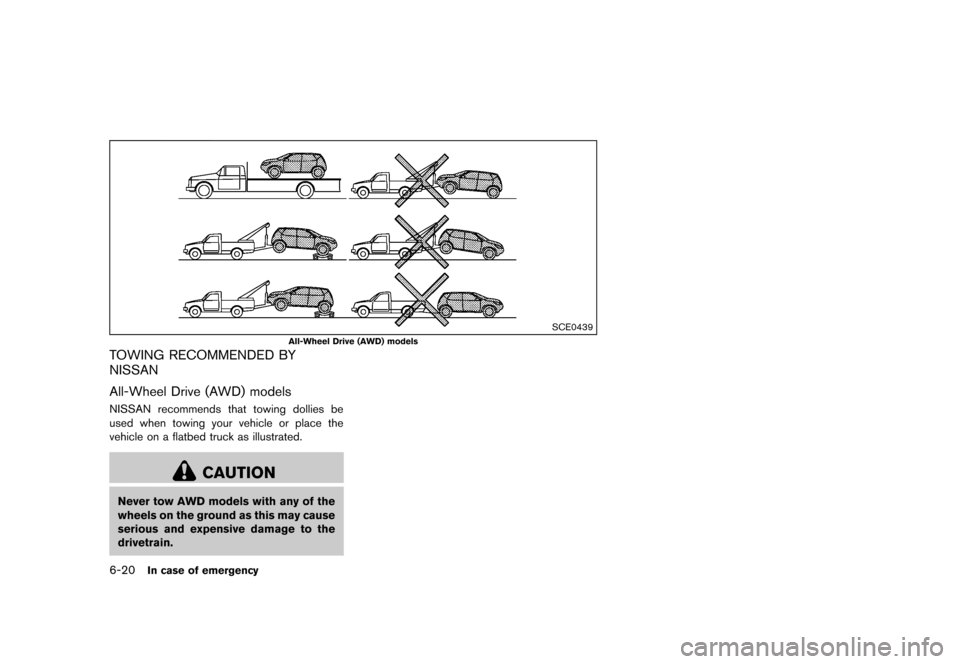 NISSAN MURANO 2013 2.G Owners Manual Black plate (410,1)
[ Edit: 2012/ 7/ 31 Model: Z51-D ]
6-20In case of emergency
SCE0439
All-Wheel Drive (AWD) models
TOWING RECOMMENDED BY
NISSAN
GUID-93B317C1-3745-461E-A3A7-3DF7B83E2737
All-Wheel Dr