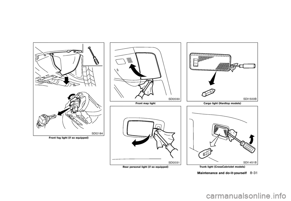 NISSAN MURANO 2013 2.G Owners Manual Black plate (453,1)
[ Edit: 2012/ 7/ 31 Model: Z51-D ]
SDI2184
Front fog light (if so equipped)
SDI2030
Front map light
SDI2031
Rear personal light (if so equipped)
SDI1500B
Cargo light (Hardtop model