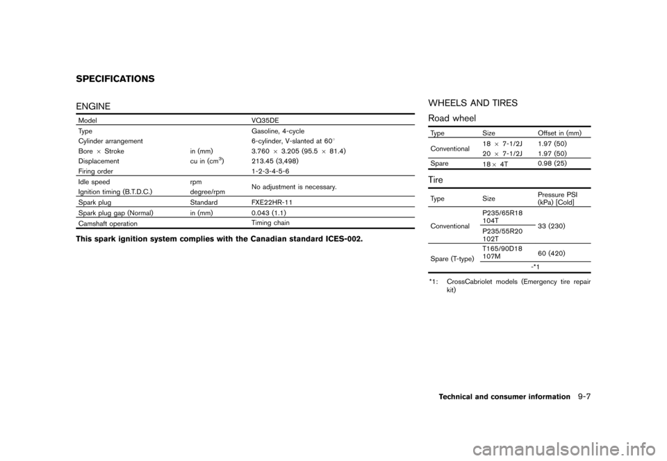 NISSAN MURANO 2013 2.G Owners Manual Black plate (473,1)
[ Edit: 2012/ 7/ 31 Model: Z51-D ]
GUID-57A6D36D-0870-40A3-93D9-0726DBA853EFENGINEGUID-7BEF76CE-97C9-4C86-AD64-1DC6D91E7E39
ModelVQ35DE
Type Gasoline, 4-cycle
Cylinder arrangement 