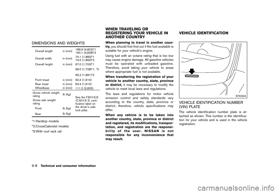 NISSAN MURANO 2013 2.G Owners Manual Black plate (474,1)
[ Edit: 2012/ 7/ 31 Model: Z51-D ]
9-8Technical and consumer information
DIMENSIONS AND WEIGHTSGUID-BC214C17-4138-465C-87FB-6F5139F69EA1
Overall length in (mm)189.9 (4,822)*1
190.1
