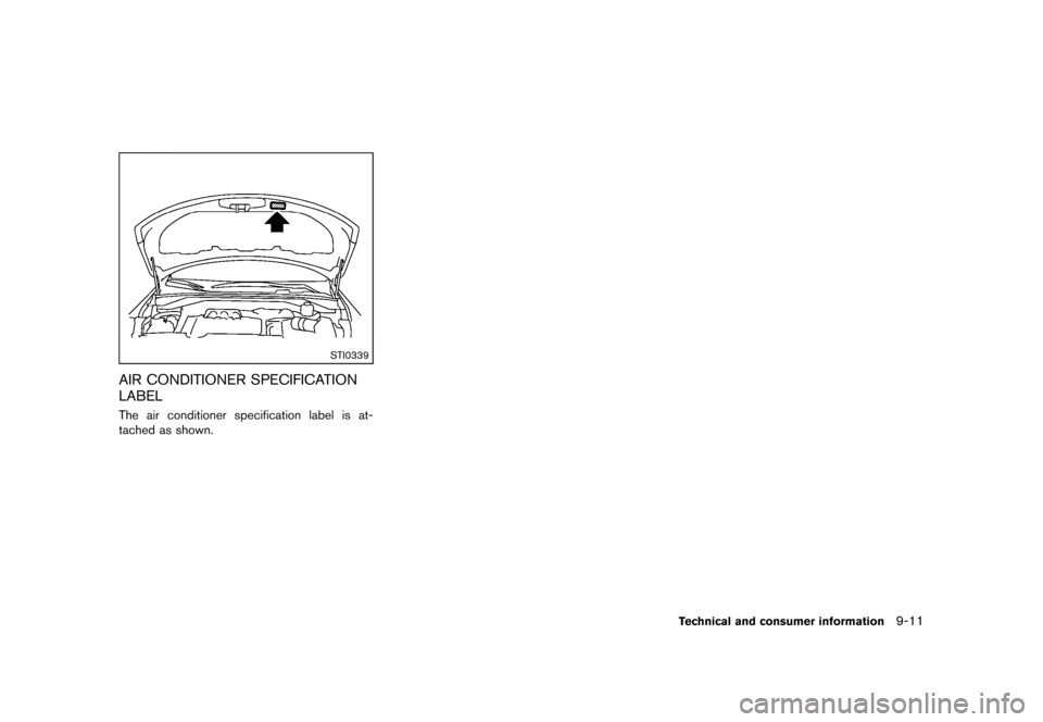 NISSAN MURANO 2013 2.G Owners Manual Black plate (477,1)
[ Edit: 2012/ 7/ 31 Model: Z51-D ]
STI0339
AIR CONDITIONER SPECIFICATION
LABEL
GUID-87F1A8D6-8FB2-4A62-BACC-7DE61068FB0CThe air conditioner specification label is at-
tached as sho