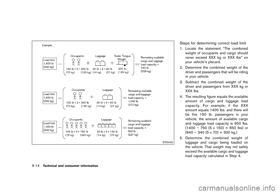 NISSAN MURANO 2013 2.G Owners Manual Black plate (480,1)
[ Edit: 2012/ 7/ 31 Model: Z51-D ]
9-14Technical and consumer information
STI0445
Steps for determining correct load limitGUID-8252E554-FB04-4243-8490-35B8E427C8E61. Locate the sta