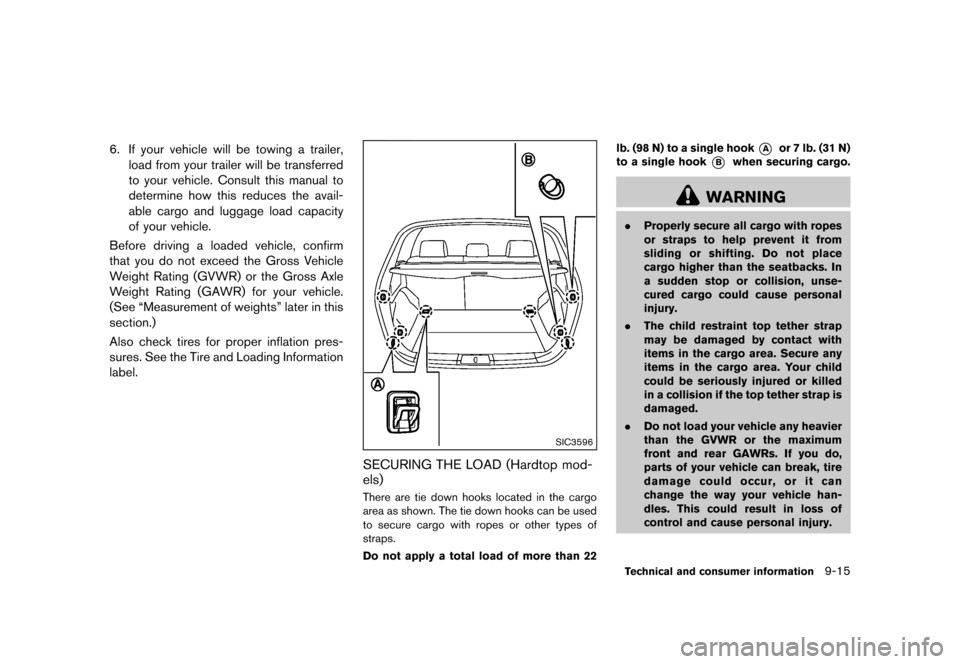 NISSAN MURANO 2013 2.G User Guide Black plate (481,1)
[ Edit: 2012/ 7/ 31 Model: Z51-D ]
6. If your vehicle will be towing a trailer,load from your trailer will be transferred
to your vehicle. Consult this manual to
determine how this