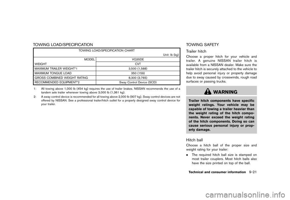 NISSAN MURANO 2013 2.G Owners Manual Black plate (487,1)
[ Edit: 2012/ 7/ 31 Model: Z51-D ]
TOWING LOAD/SPECIFICATIONGUID-63779F8F-2548-4DAD-898D-B85D2FC4448F
TOWING LOAD/SPECIFICATION CHARTUnit: lb (kg)
MODEL VQ35DE
WEIGHT CVT
MAXIMUM T