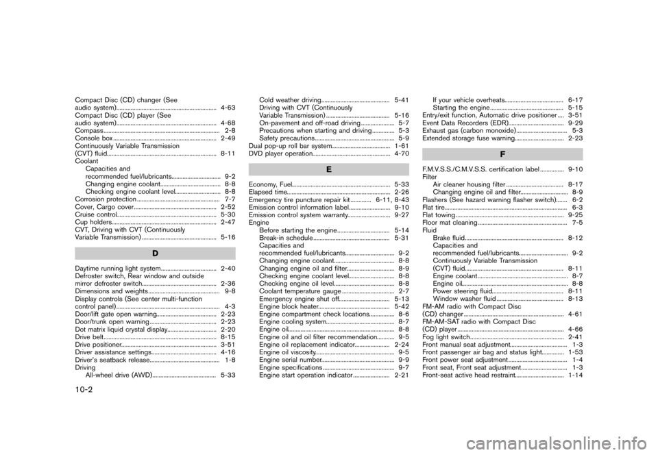 NISSAN MURANO 2013 2.G Owners Manual Black plate (498,1)
[ Edit: 2012/ 7/ 31 Model: Z51-D ]
10-2
Compact Disc (CD) changer (See
audio system)...
............................................................... 4-63
Compact Disc (CD) playe