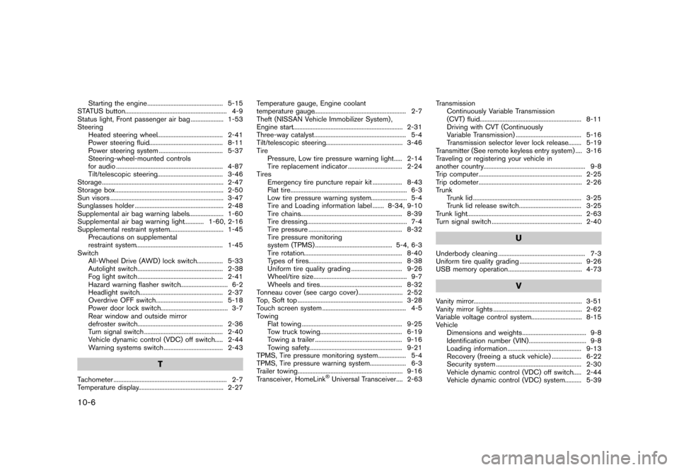 NISSAN MURANO 2013 2.G Owners Manual Black plate (502,1)
[ Edit: 2012/ 7/ 31 Model: Z51-D ]
10-6
Starting the engine...
.............................................. 5-15
STATUS button ...
...............................................