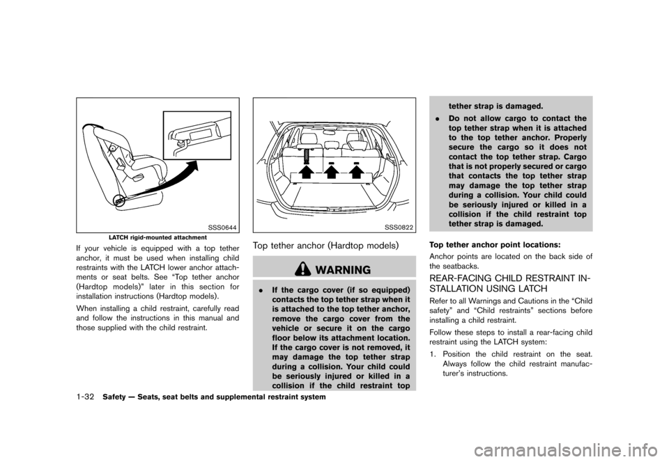 NISSAN MURANO 2013 2.G Owners Manual Black plate (54,1)
[ Edit: 2012/ 7/ 31 Model: Z51-D ]
1-32Safety — Seats, seat belts and supplemental restraint system
SSS0644
LATCH rigid-mounted attachment
If your vehicle is equipped with a top t