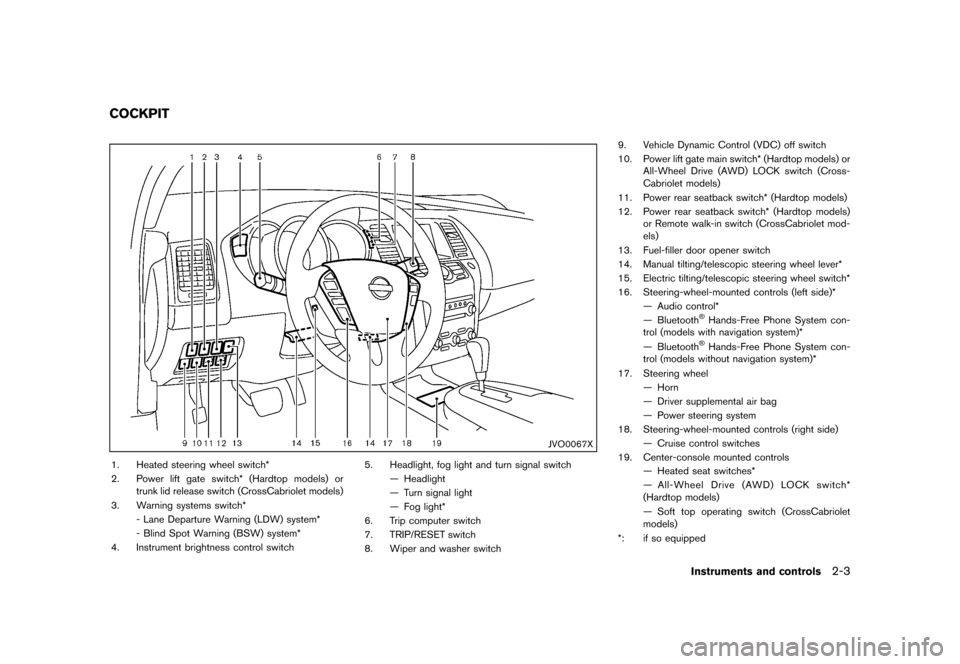 NISSAN MURANO 2013 2.G Owners Manual Black plate (87,1)
[ Edit: 2012/ 7/ 31 Model: Z51-D ]
GUID-06B56D4D-A0AA-4178-A121-A31F959AC846
JVO0067X
1. Heated steering wheel switch*
2. Power lift gate switch* (Hardtop models) ortrunk lid releas