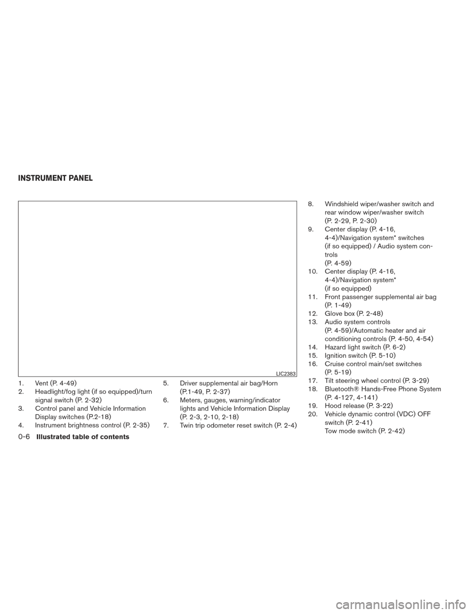 NISSAN PATHFINDER 2013 R52 / 4.G Owners Manual 1. Vent (P. 4-49)
2. Headlight/fog light (if so equipped)/turnsignal switch (P. 2-32)
3. Control panel and Vehicle Information
Display switches (P.2-18)
4. Instrument brightness control (P. 2-35) 5. D