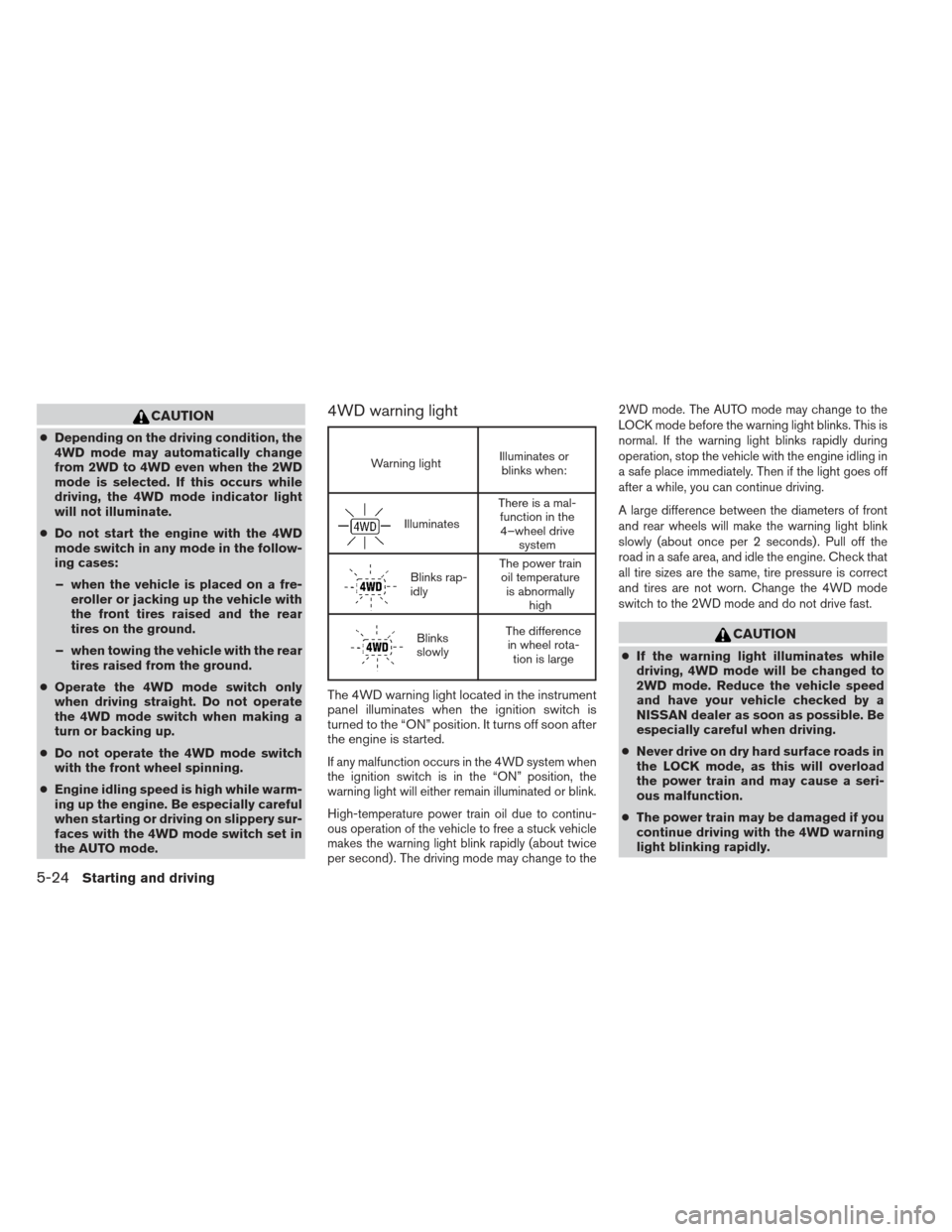 NISSAN PATHFINDER 2013 R52 / 4.G User Guide CAUTION
●Depending on the driving condition, the
4WD mode may automatically change
from 2WD to 4WD even when the 2WD
mode is selected. If this occurs while
driving, the 4WD mode indicator light
will