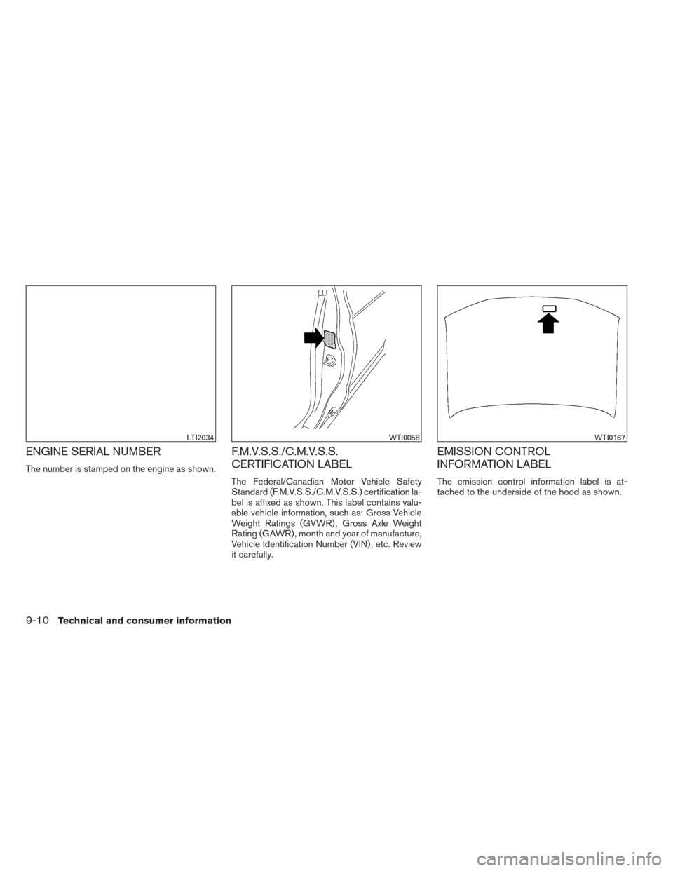 NISSAN PATHFINDER 2013 R52 / 4.G Owners Manual ENGINE SERIAL NUMBER
The number is stamped on the engine as shown.
F.M.V.S.S./C.M.V.S.S.
CERTIFICATION LABEL
The Federal/Canadian Motor Vehicle Safety
Standard (F.M.V.S.S./C.M.V.S.S.) certification la