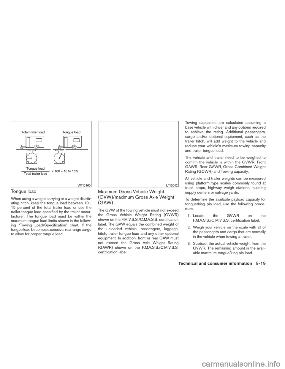 NISSAN PATHFINDER 2013 R52 / 4.G Owners Manual Tongue load
When using a weight carrying or a weight distrib-
uting hitch, keep the tongue load between 10 -
15 percent of the total trailer load or use the
trailer tongue load specified by the traile