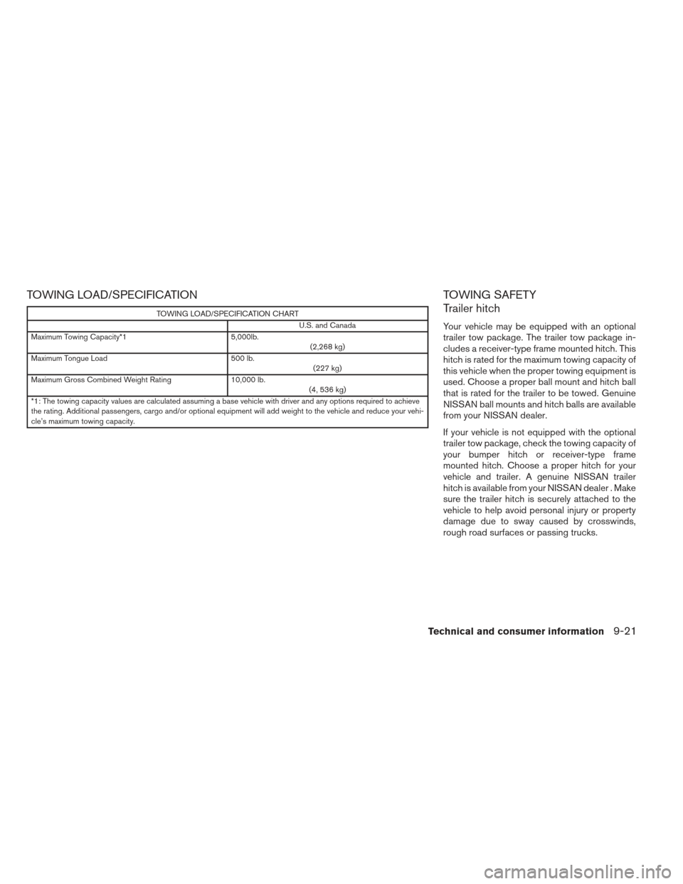 NISSAN PATHFINDER 2013 R52 / 4.G User Guide TOWING LOAD/SPECIFICATION
TOWING LOAD/SPECIFICATION CHARTU.S. and Canada
Maximum Towing Capacity*1 5,000lb.
(2,268 kg)
Maximum Tongue Load 500 lb.
(227 kg)
Maximum Gross Combined Weight Rating 10,000 