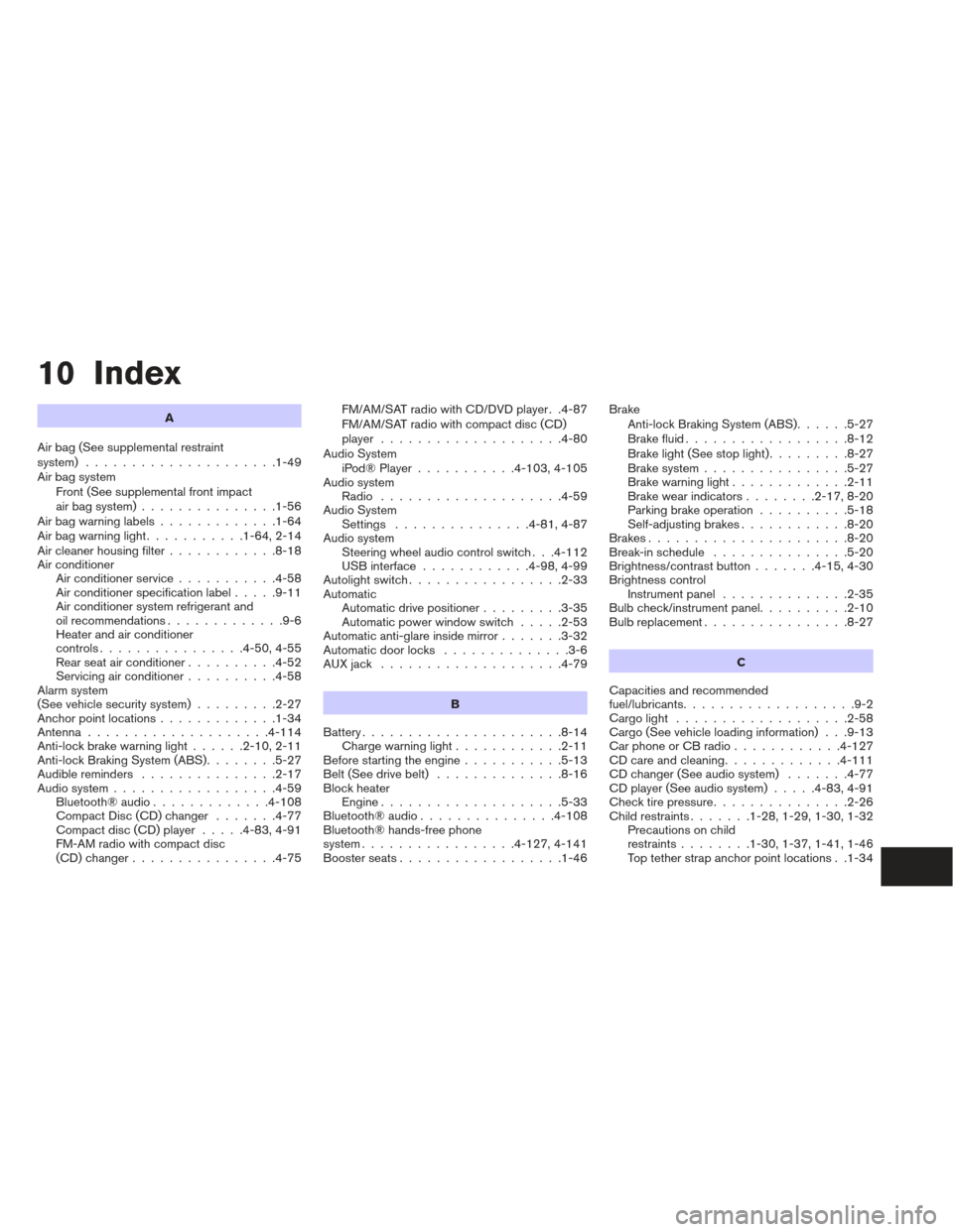 NISSAN PATHFINDER 2013 R52 / 4.G Service Manual 10 Index
A
Air bag (See supplemental restraint
system) .....................1-49
Air bag system Front (See supplemental front impact
air bag system) ...............1-56
Airbagwarninglabels............