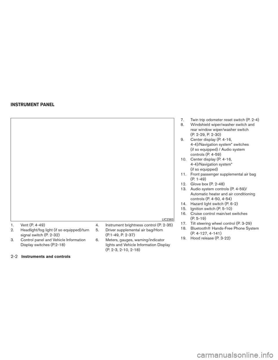 NISSAN PATHFINDER 2013 R52 / 4.G Manual Online 1. Vent (P. 4-49)
2. Headlight/fog light (if so equipped)/turnsignal switch (P. 2-32)
3. Control panel and Vehicle Information
Display switches (P.2-18) 4. Instrument brightness control (P. 2-35)
5. D