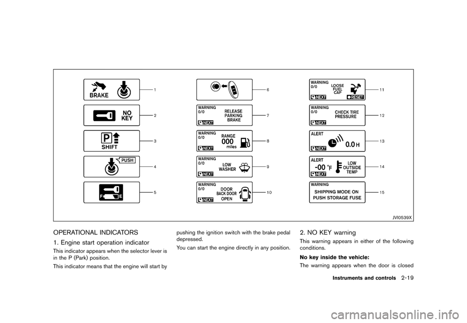 NISSAN QUEST 2013 RE52 / 4.G Owners Manual Black plate (97,1)
[ Edit: 2013/ 3/ 26 Model: E52-D ]
JVI0539X
OPERATIONAL INDICATORSGUID-AD5B0BAF-2C91-4EC9-A709-EB982E1C0773
1. Engine start operation indicatorGUID-3A8E6F2E-0AEB-4F35-B6FE-001878925