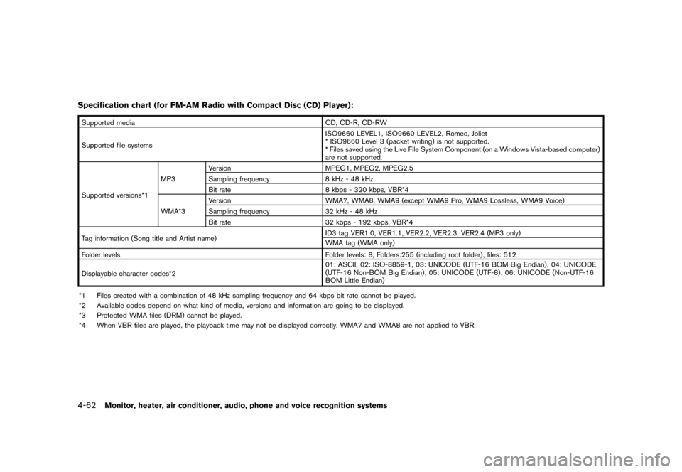 NISSAN QUEST 2013 RE52 / 4.G Owners Manual Black plate (242,1)
[ Edit: 2013/ 3/ 26 Model: E52-D ]
4-62Monitor, heater, air conditioner, audio, phone and voice recognition systems
Specification chart (for FM-AM Radio with Compact Disc (CD) Play