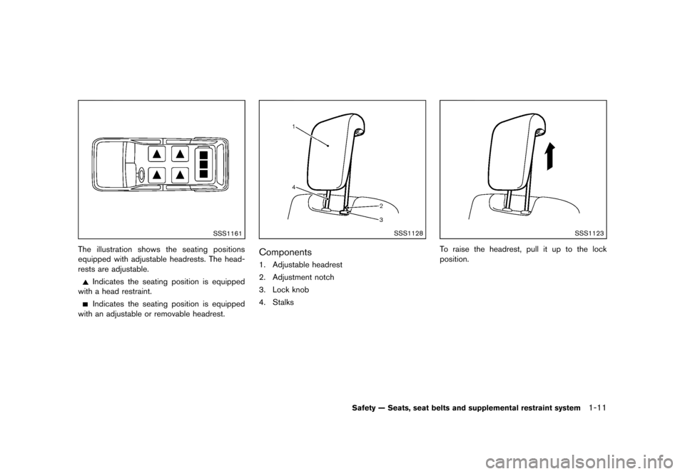 NISSAN QUEST 2013 RE52 / 4.G Owners Guide Black plate (27,1)
[ Edit: 2013/ 3/ 26 Model: E52-D ]
SSS1161
The illustration shows the seating positions
equipped with adjustable headrests. The head-
rests are adjustable.
Indicates the seating pos