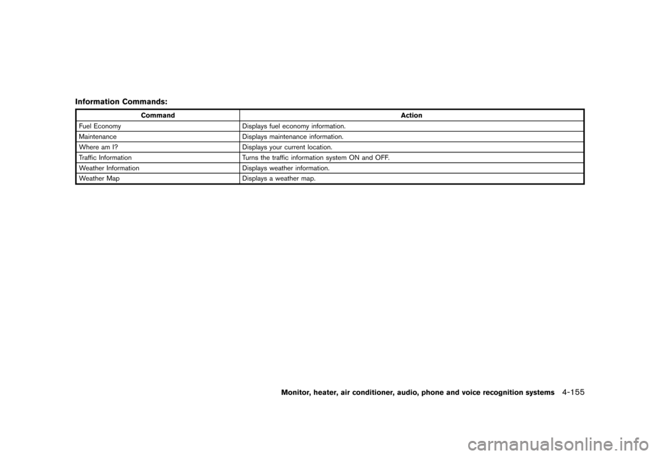 NISSAN QUEST 2013 RE52 / 4.G Owners Manual Black plate (335,1)
[ Edit: 2013/ 3/ 26 Model: E52-D ]
Information Commands:GUID-D73A39BF-43C8-459F-9C24-47B7F579C407
CommandAction
Fuel Economy Displays fuel economy information.
Maintenance Displays