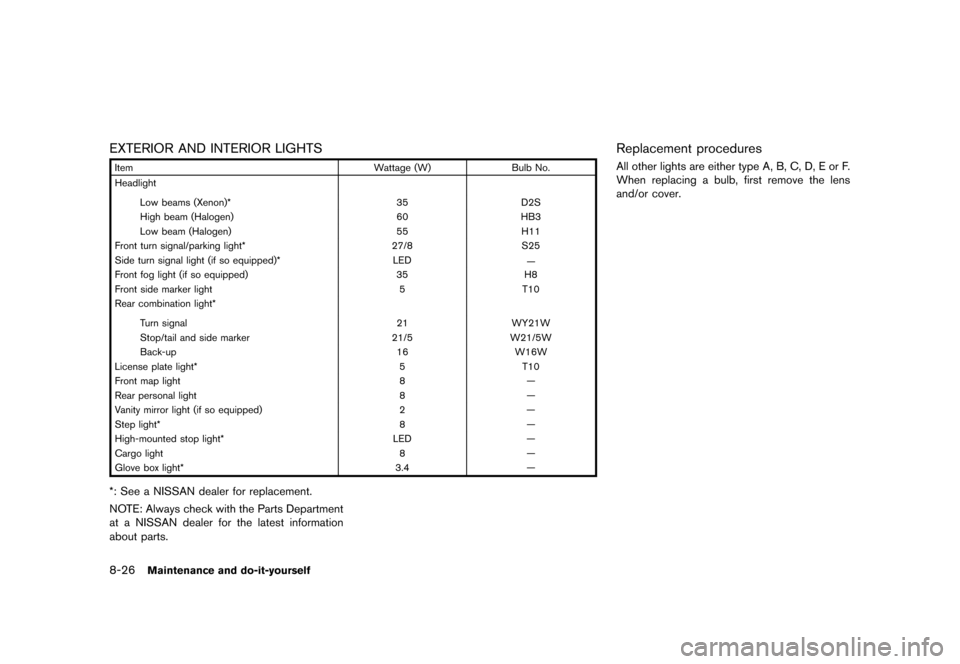 NISSAN QUEST 2013 RE52 / 4.G Owners Manual Black plate (430,1)
[ Edit: 2013/ 3/ 26 Model: E52-D ]
8-26Maintenance and do-it-yourself
EXTERIOR AND INTERIOR LIGHTSGUID-74DA7277-F276-48A5-BDCF-43B331EA01E6
ItemWattage (W)Bulb No.
Headlight
Low be