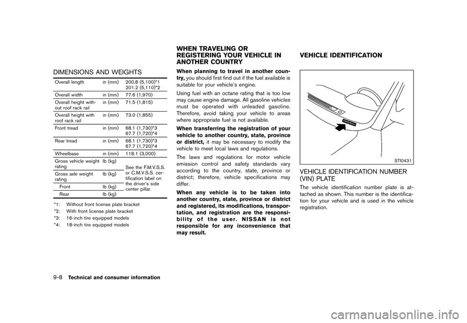 NISSAN QUEST 2013 RE52 / 4.G Owners Manual Black plate (452,1)
[ Edit: 2013/ 3/ 26 Model: E52-D ]
9-8Technical and consumer information
DIMENSIONS AND WEIGHTSGUID-55766825-1CD9-42C1-A2BF-806DBCA15241
Overall length in (mm) 200.8 (5,100)*1201.2