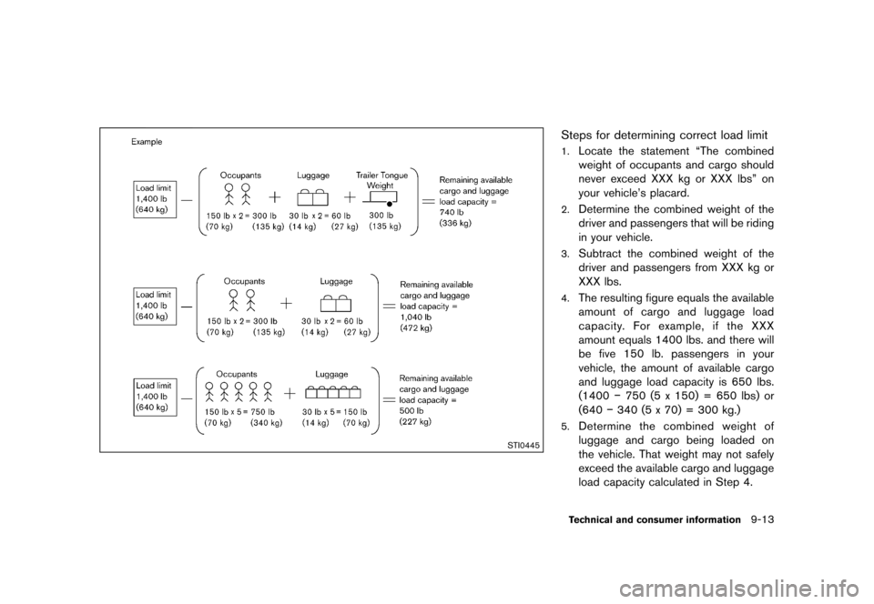 NISSAN QUEST 2013 RE52 / 4.G Owners Manual Black plate (457,1)
[ Edit: 2013/ 3/ 26 Model: E52-D ]
STI0445
Steps for determining correct load limitGUID-251C8238-3BA6-4BEF-8C37-1EC12A8CB1131.Locate the statement “The combined
weight of occupan