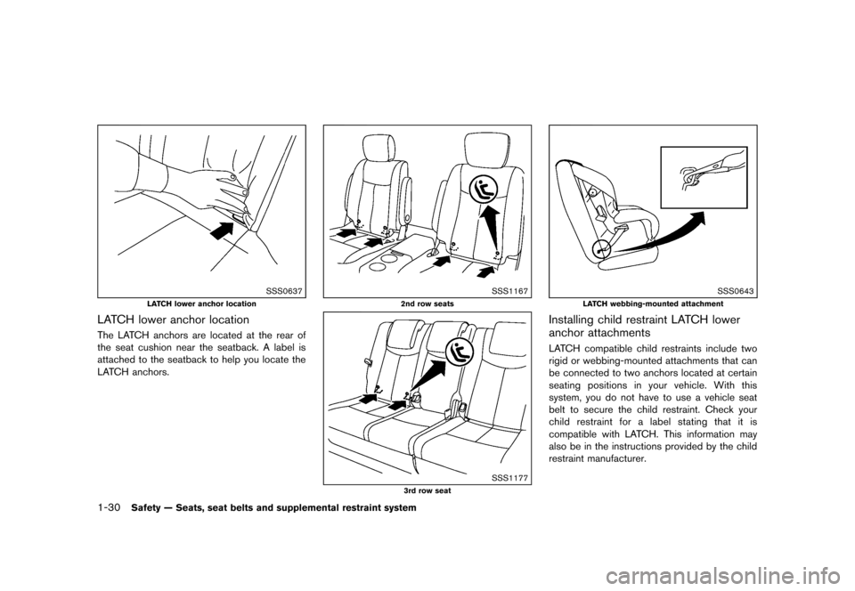 NISSAN QUEST 2013 RE52 / 4.G Service Manual Black plate (46,1)
[ Edit: 2013/ 3/ 26 Model: E52-D ]
1-30Safety — Seats, seat belts and supplemental restraint system
SSS0637
LATCH lower anchor location
LATCH lower anchor locationGUID-4199681A-57