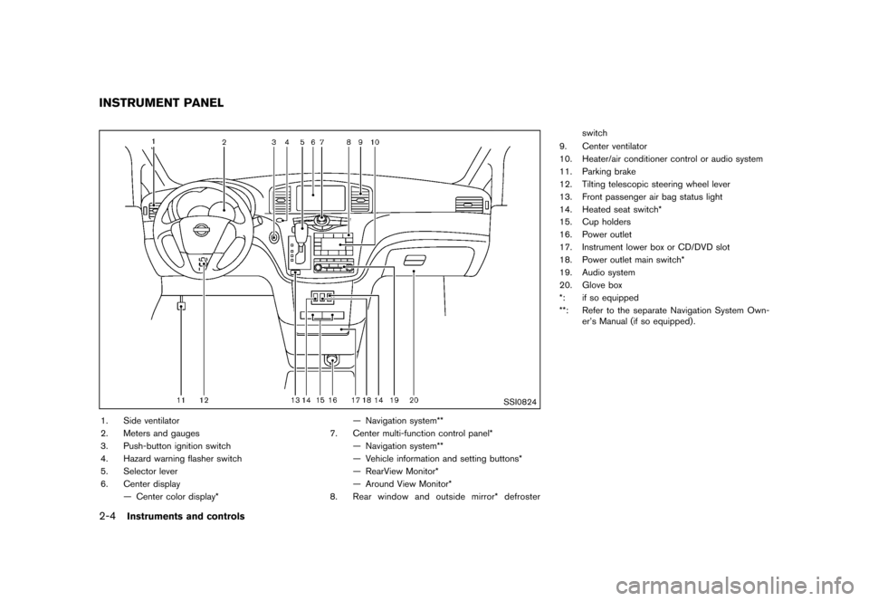 NISSAN QUEST 2013 RE52 / 4.G Manual Online Black plate (82,1)
[ Edit: 2013/ 3/ 26 Model: E52-D ]
2-4Instruments and controls
GUID-0C8F786C-EE91-435E-980B-4A330DFE7B46
SSI0824
1. Side ventilator
2. Meters and gauges
3. Push-button ignition swit