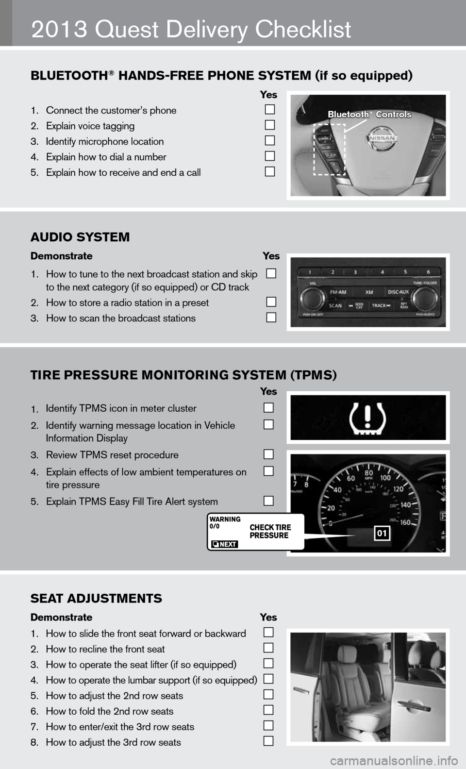 NISSAN QUEST 2013 RE52 / 4.G Quick Reference Guide AUDIO\fSYST\bM
Demonstrate\f \f \f\fYes\f
1.  How to tune to the\f next \broadcast sta\ftion and skip 
 
    to the next catego\fry (if so equipped) \for CD track  
2.  How to store a rad\fio station 