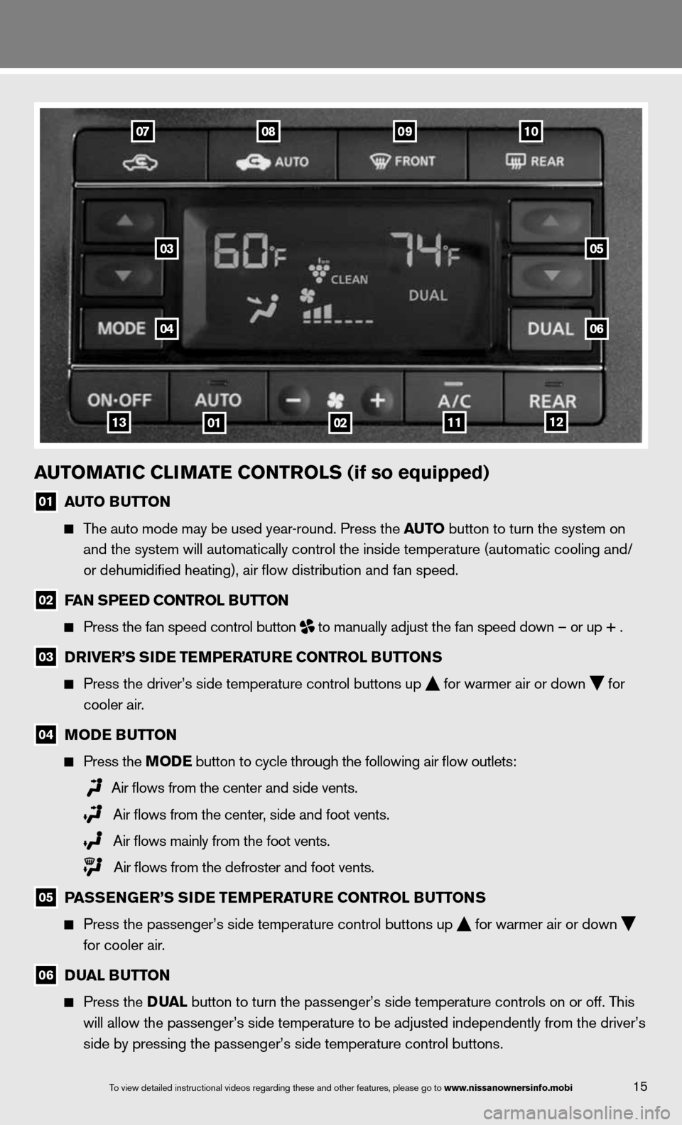 NISSAN QUEST 2013 RE52 / 4.G Quick Reference Guide auTOMaTIC CLIMa Te CONTrOLS (if so equipped)
01 auTO B
uTTON 
  
  The auto mode may be used year-round. Press the au TO button to turn the system on   
      and the system will automatically control