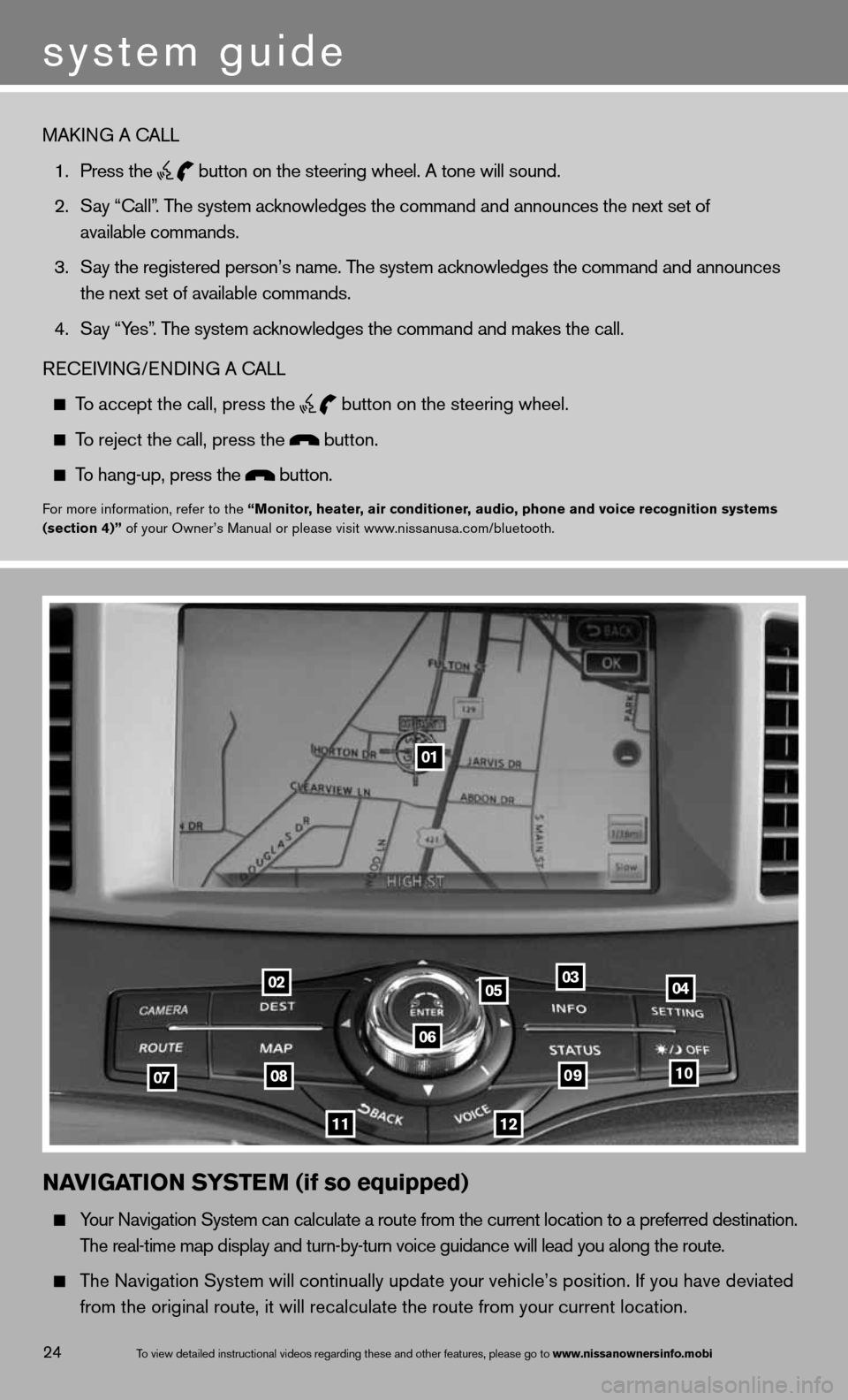 NISSAN QUEST 2013 RE52 / 4.G Quick Reference Guide To view detailed in\fstructional videos\f regarding these a\fnd other features\f \fplease go to www.nissanownersin\Ifo.mobi24
NaVIGa TION SYSTe M (if so equipped)
  Your navigation System can calculat