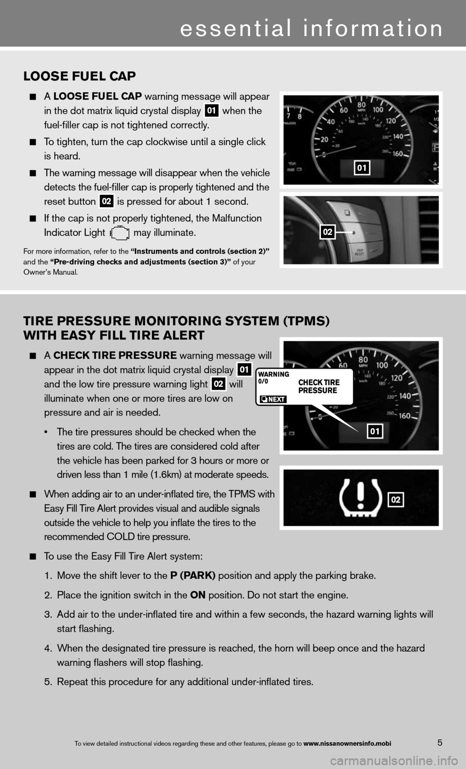 NISSAN QUEST 2013 RE52 / 4.G Quick Reference Guide TIre Pre SSure MONITOr ING SYSTeM (TPMS) 
wITH eaSY FILL TI re aLerT
  A  CHe CK TIre P reSSure warning message will 
    appear in the dot matrix liquid crystal display
 
01  
   and the low tire pre