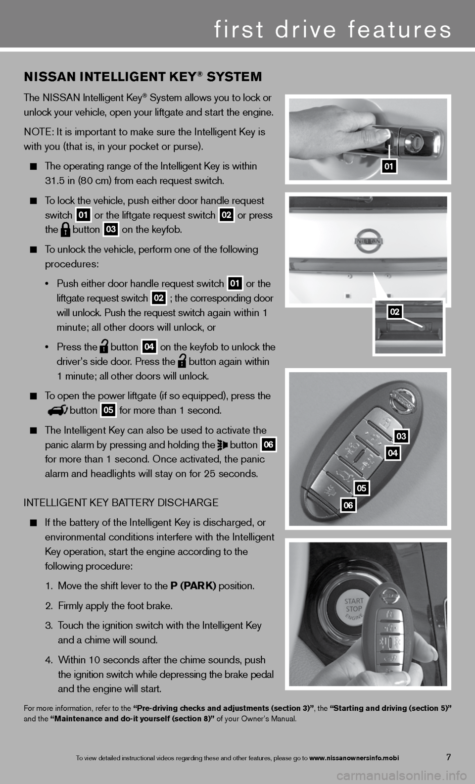 NISSAN QUEST 2013 RE52 / 4.G Quick Reference Guide 01
03
04
05
06
02
NISSaN INTeLLIGeNT K eY® SYST eM
The ni SSAn intelligent k ey® System allows you to lock or 
unlock your vehicle, open your liftgate and start the engine.   
n OTe: it is important