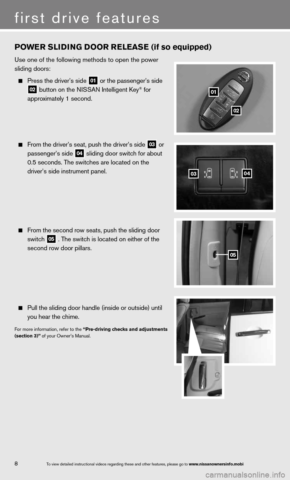 NISSAN QUEST 2013 RE52 / 4.G Quick Reference Guide POwer SLIDING DOOr re LeaSe (if so equipped)
use one of the following methods to open the power 
sliding doors:  
 
  Press the driver’s side 01 or the passenger’s side
 
  02  button on the ni
SS