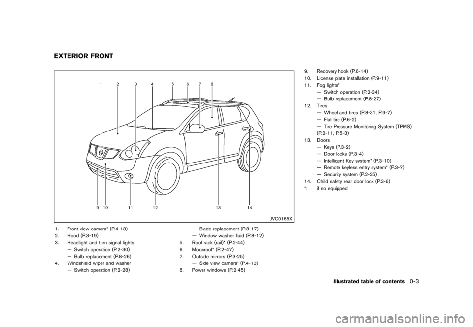 NISSAN ROGUE 2013 2.G User Guide Black plate (9,1)
[ Edit: 2012/ 5/ 18 Model: S35-D ]
S35-D-110201-EC0978FC-F07A-49EA-9574-1FE5707C4FA0
JVC0165X
1. Front view camera* (P.4-13)
2. Hood (P.3-19)
3. Headlight and turn signal lights— S