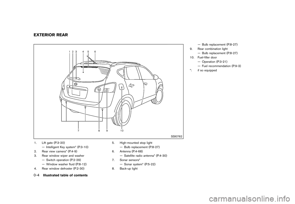 NISSAN ROGUE 2013 2.G User Guide Black plate (10,1)
[ Edit: 2012/ 5/ 18 Model: S35-D ]
0-4Illustrated table of contents
S35-D-110201-A327354A-0E76-48C0-B44E-12F48CC4E9C8
SSI0762
1. Lift gate (P.3-20)— Intelligent Key system* (P.3-1