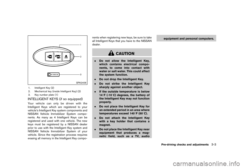 NISSAN ROGUE 2013 2.G Owners Manual Black plate (125,1)
[ Edit: 2012/ 5/ 18 Model: S35-D ]
SPA2406
1. Intelligent Key (2)
2. Mechanical key (inside Intelligent Key) (2)
3. Key number plate (1)
INTELLIGENT KEYS (if so equipped)S35-D-1102