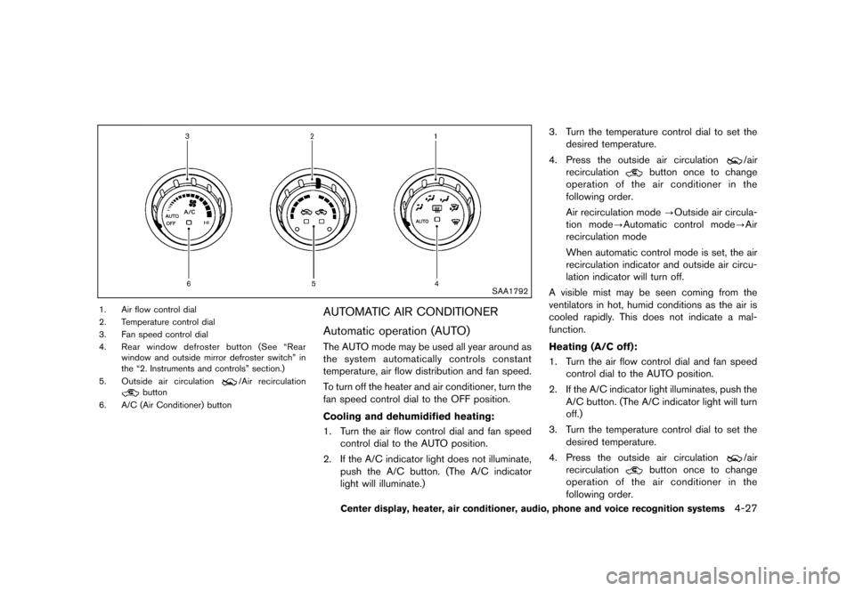 NISSAN ROGUE 2013 2.G Owners Manual Black plate (175,1)
[ Edit: 2012/ 5/ 18 Model: S35-D ]
SAA1792
1. Air flow control dial
2. Temperature control dial
3. Fan speed control dial
4.Rear window defroster button (See “Rear
window and out