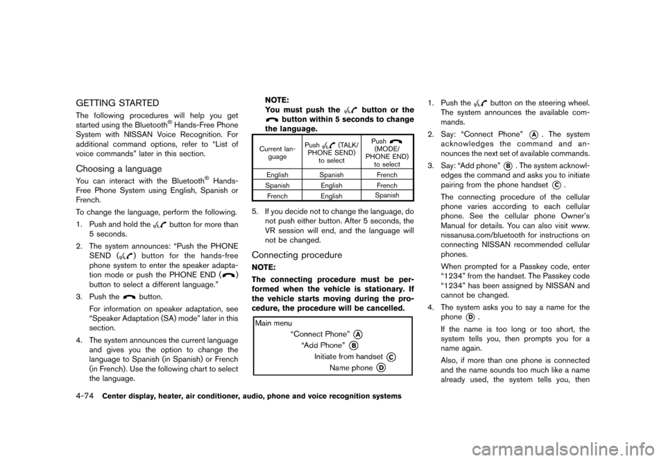 NISSAN ROGUE 2013 2.G Owners Manual Black plate (222,1)
[ Edit: 2012/ 5/ 18 Model: S35-D ]
4-74Center display, heater, air conditioner, audio, phone and voice recognition systems
GETTING STARTEDS35-D-110201-363B3716-4171-4E1D-92BB-B6C8C