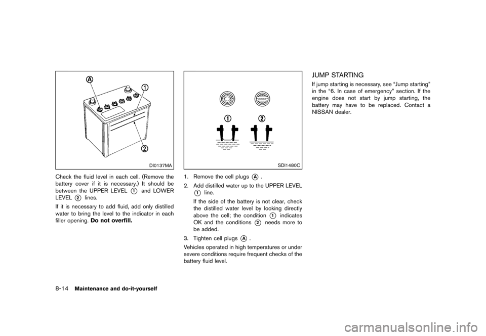 NISSAN ROGUE 2013 2.G Owners Manual Black plate (304,1)
[ Edit: 2012/ 5/ 18 Model: S35-D ]
8-14Maintenance and do-it-yourself
DI0137MA
Check the fluid level in each cell. (Remove the
battery cover if it is necessary.) It should be
betwe