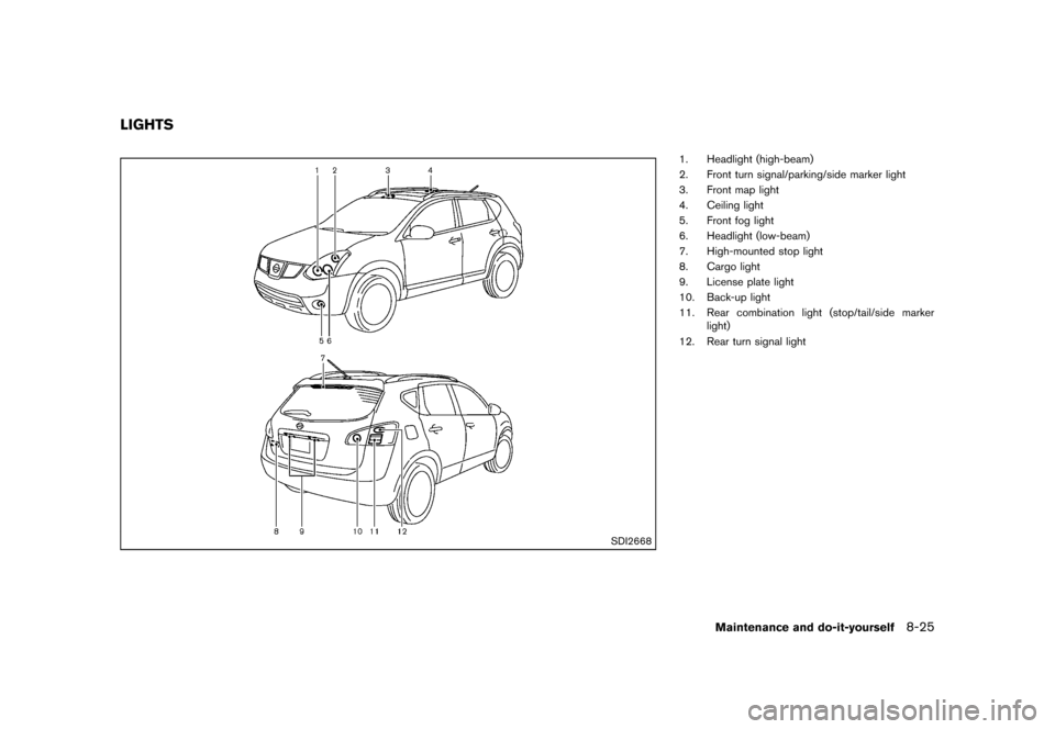 NISSAN ROGUE 2013 2.G Owners Manual Black plate (315,1)
[ Edit: 2012/ 5/ 18 Model: S35-D ]
S35-D-110201-DD4272B1-CED8-4C46-8F26-0A48F1D0C89C
SDI2668
1. Headlight (high-beam)
2. Front turn signal/parking/side marker light
3. Front map li