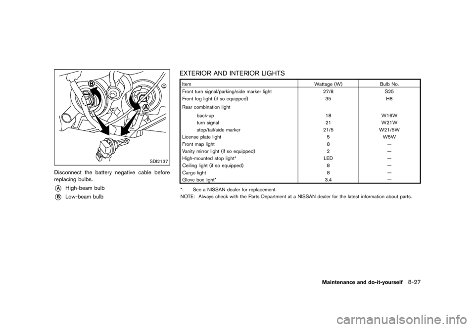 NISSAN ROGUE 2013 2.G Owners Manual Black plate (317,1)
[ Edit: 2012/ 5/ 18 Model: S35-D ]
SDI2137
Disconnect the battery negative cable before
replacing bulbs.
*AHigh-beam bulb
*BLow-beam bulb
EXTERIOR AND INTERIOR LIGHTSS35-D-110201-5