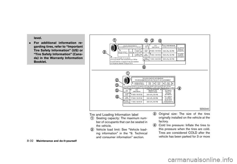 NISSAN ROGUE 2013 2.G Owners Manual Black plate (322,1)
[ Edit: 2012/ 5/ 18 Model: S35-D ]
8-32Maintenance and do-it-yourself
level.
. For additional information re-
garding tires, refer to “Important
Tire Safety Information” (US) o