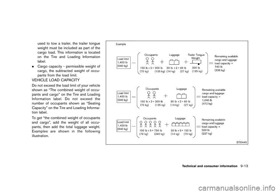 NISSAN ROGUE 2013 2.G Owners Manual Black plate (345,1)
[ Edit: 2012/ 5/ 18 Model: S35-D ]
used to tow a trailer, the trailer tongue
weight must be included as part of the
cargo load. This information is located
on the Tire and Loading 