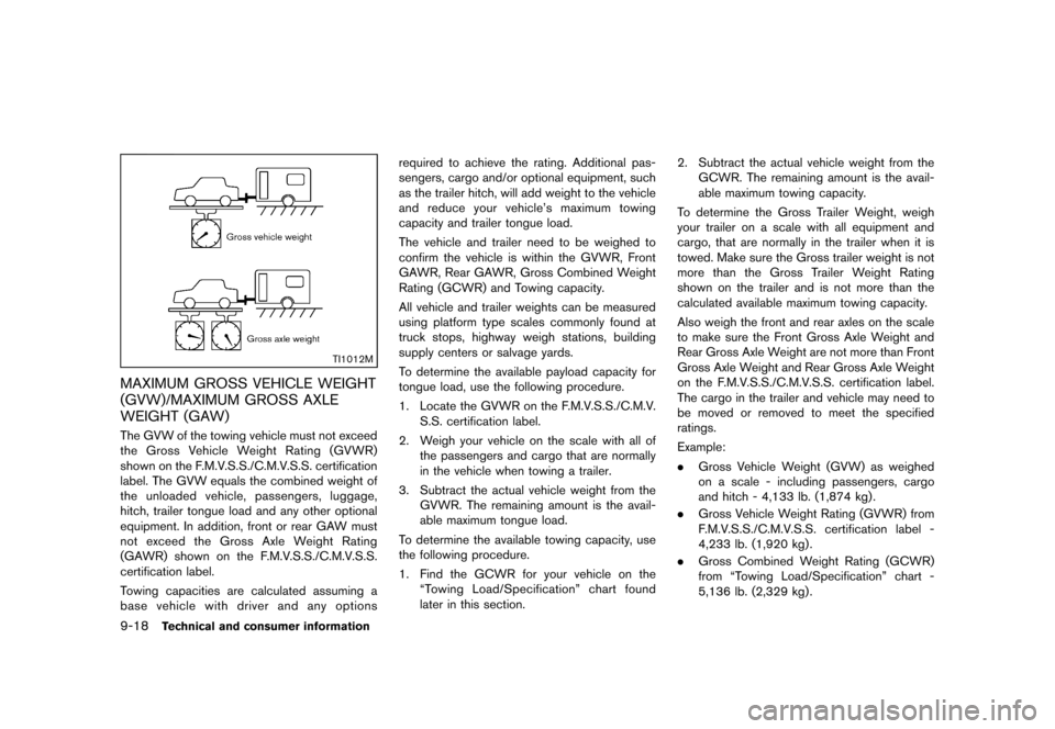 NISSAN ROGUE 2013 2.G User Guide Black plate (350,1)
[ Edit: 2012/ 5/ 18 Model: S35-D ]
9-18Technical and consumer information
TI1012M
MAXIMUM GROSS VEHICLE WEIGHT
(GVW)/MAXIMUM GROSS AXLE
WEIGHT (GAW)
GUID-6D781F5A-F0FA-449E-936D-90